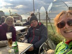 Walk done!  Chilling out in Hunstanton with refreshments and awaiting the bus at the end of day 3